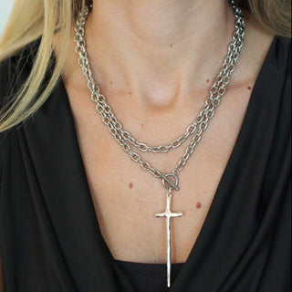 Silver Elongated Cross Wrap Necklace on stainless steel chain with layered styling option