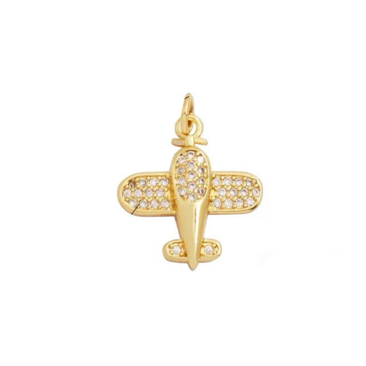 Pavé Cropduster Plane Charm ~ 14k Gold Plated Brass