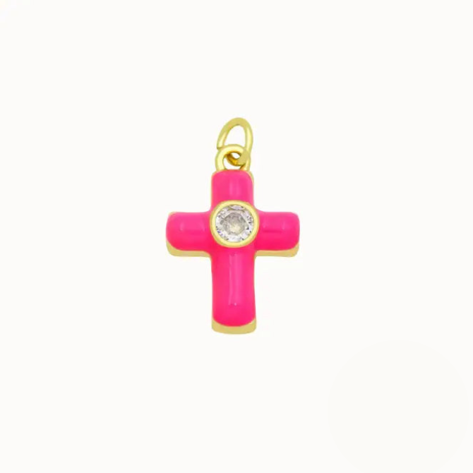 Radiant Rose Pink Cross Charm ~ 14k Gold Filled with Enamel and CZ Stone