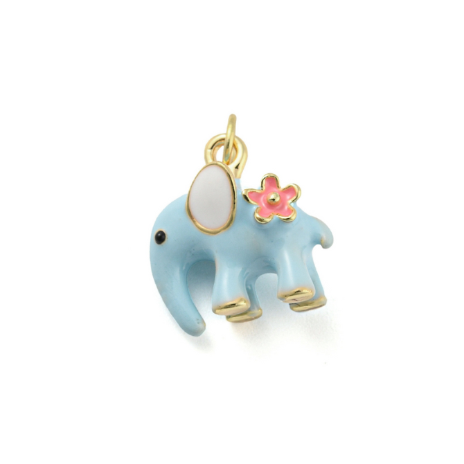 Floral Friend Elephant Charm 14k Gold Plated Brass & Enamel  Charm for Necklaces and Bracelets