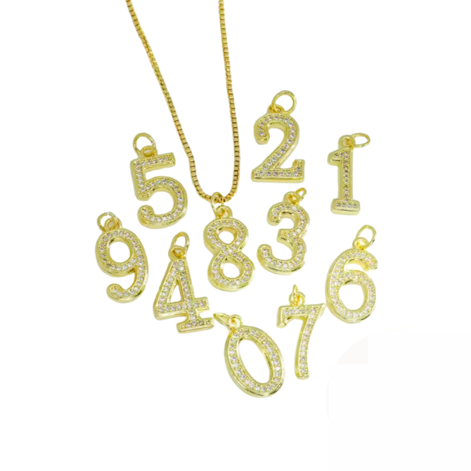 Number Charms ~ 18k Gold Plated Brass & Pave Stone Charm for Necklaces and Bracelets