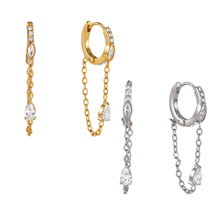 Miriam Chain Huggie Earrings gold and silver crystal-accented hoops with draped chain and teardrop cubic zirconia detail