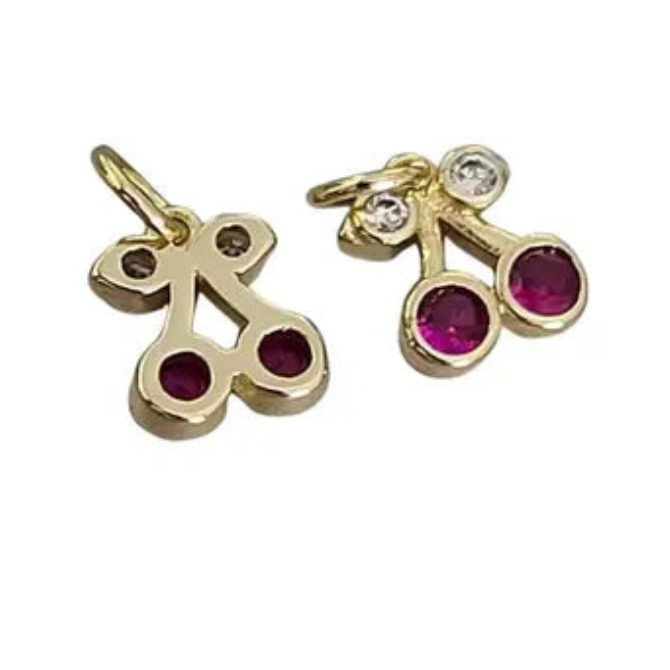 Itsy Cherry Charm ~ 14k Gold Plated Brass & Pink Stone Charm for Necklaces and Bracelets