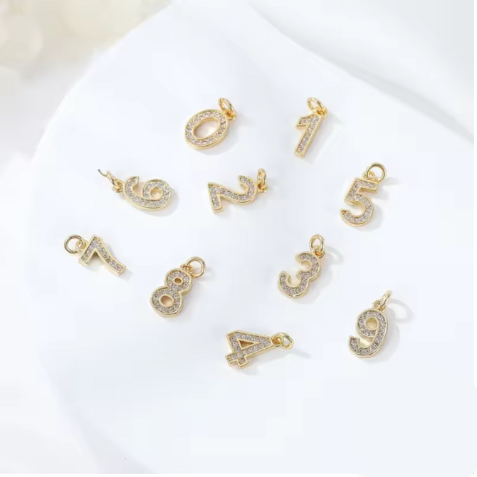 Itsy Pave Number Charms ~ 14k Gold Plated Brass & Pave Stone Charm for Necklaces and Bracelets