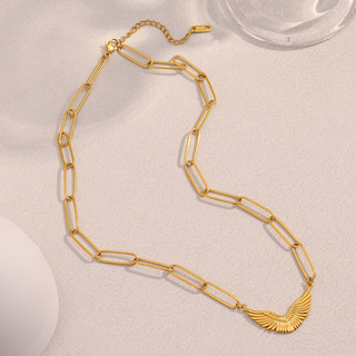 Angel Wing Necklace with a gold-tone paperclip chain and a small, finely detailed feathered wing pendant
