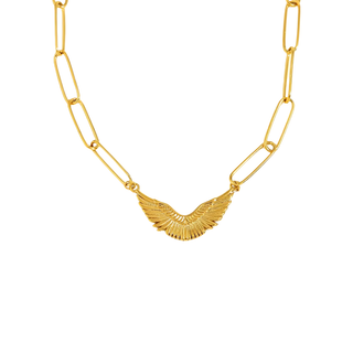 Angel Wing Necklace in gold-tone metal with a sculpted feathered wing pendant and elongated paperclip chain links