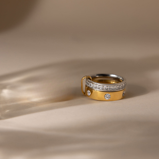 Avery Mixed Metal CZ Ring with polished gold and silver bands, a row of clear stones, and scattered CZ accents.
