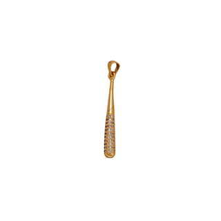 Baseball Bat Charm in polished gold-tone metal, shaped like a slender bat with sparkling clear stone accents