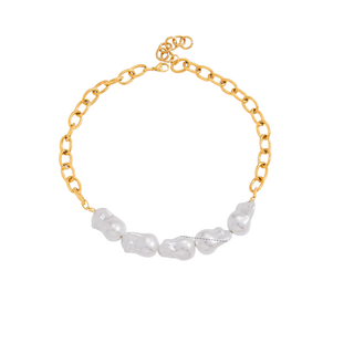 Bay Pearl Necklace with a gold link chain and five irregular white baroque-style pearls along the front