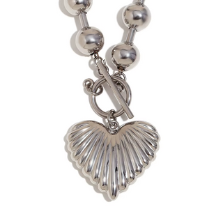 Beaded Heart Statement Necklace in polished silver-tone metal, with oversized spherical beads and a sculpted fluted heart pendant