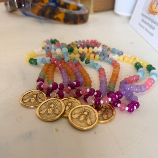 Bees Please Beaded Bee Necklace with glossy multicolor rondelle beads and antique-gold bee medallion charms