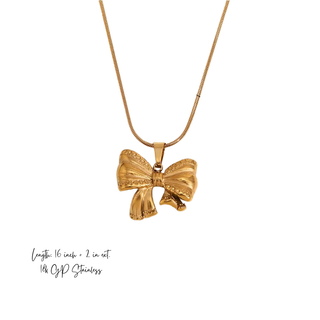 Belle Bow Necklace in gold-tone stainless steel, with a textured bow pendant and slim snake chain.