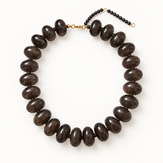 Bentley Necklace with glossy dark brown resin beads and gold-tone stainless steel clasp, adjustable length design