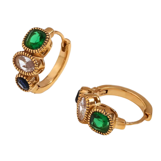 Bezel Trio Huggie Earrings in gold-tone metal with green, clear, and dark blue bezel-set stones and rope detailing