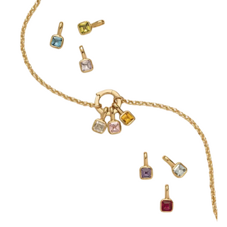 Birthstone Necklace Bar Kit with a gold-tone chain and colorful square gemstone charms in gold settings
