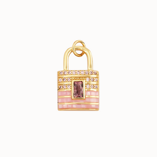 Blushing Lock Charm in pink striped enamel with gold-tone detailing, sparkling stone accents and a rectangular pink center stone