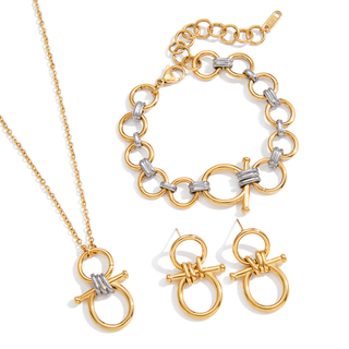 Capri Two Tone Toggle jewelry set with gold and silver link bracelet, matching toggle pendant necklace, and hoop earrings