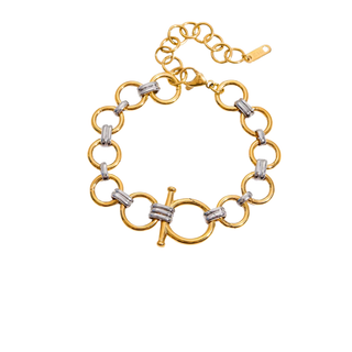 Capri Two Tone Toggle bracelet with polished gold circular links, silver connector bars and a prominent toggle clasp