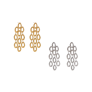Cascade Loop Earrings in gold-tone and silver-tone metal with multiple textured open loops arranged in cascading chandelier drops.