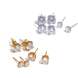 Classic CZ Stud Earring Set with clear round stones in graduated sizes, shown in silver and gold-toned settings