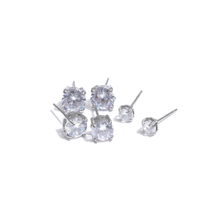 Classic CZ Stud Earring Set featuring silver-toned metal posts and clear round cubic zirconia studs in graduated sizes