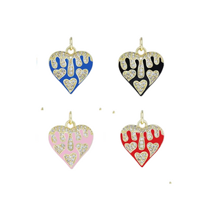 Colorful Heart Charm with blue, black, pink, and red enamel hearts, each with gold-tone trim and glittering accents.