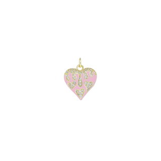 Colorful Heart Charm with a pink enamel heart, gold-tone outline and textured floral accents across the surface