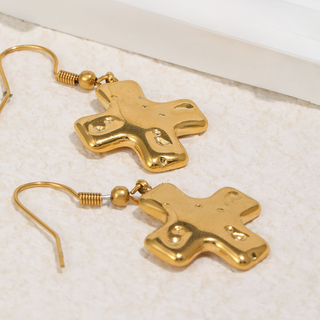 Cross Pendant Drop Earrings in gold-tone metal, featuring polished puffed cross charms and slender fishhook wires.