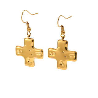 Cross Pendant Drop Earrings in polished gold-tone metal, featuring dimensional puffed cross charms and fishhook wires.