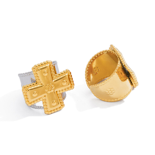 Cross Ring 18K Gold-Plated ring with a polished gold cross centerpiece, beaded edging and adjustable band