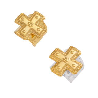 Cross Ring 18K Gold-Plated with a bold gold cross centerpiece, raised dot details, and a textured beaded edge