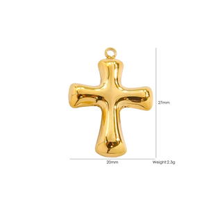 Curved Cross Charm in polished gold-tone metal, with a smooth glossy finish and softly rounded, bowed arms.