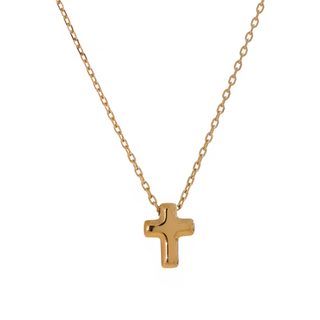 Dainty Cross Necklace in gold-tone metal, featuring a polished rounded cross pendant and fine link chain