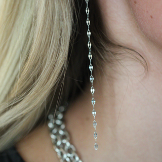 Dainty Marquise Chain Earrings with a long silver-toned linked chain drop and small marquise-shaped accents