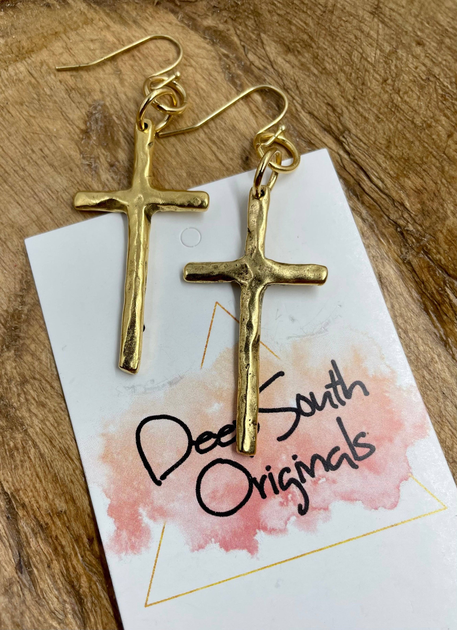 Gold hammered cross earrings - Deep South Originals