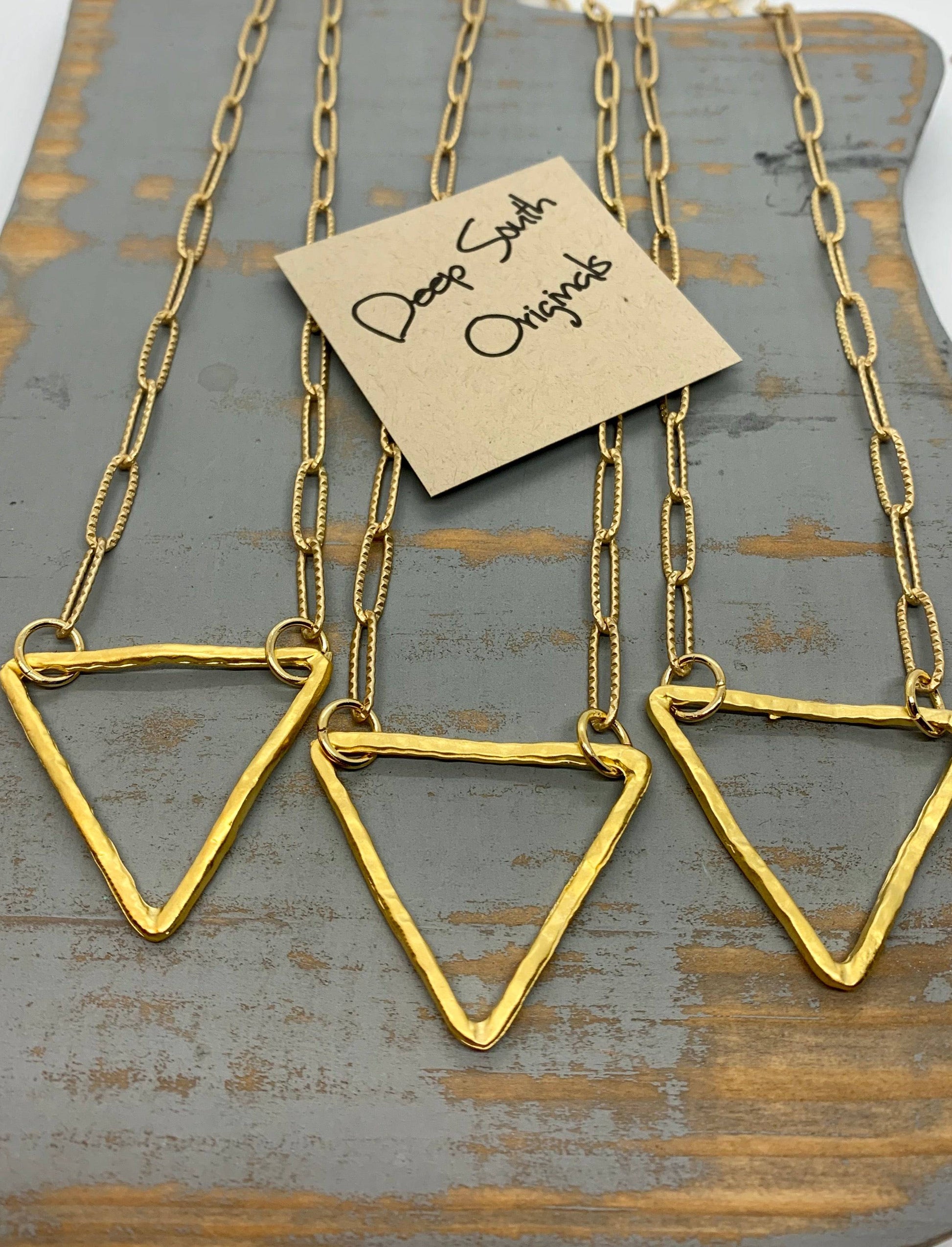 Hammered gold triangle necklace on etched elongated chain - Deep South Originals