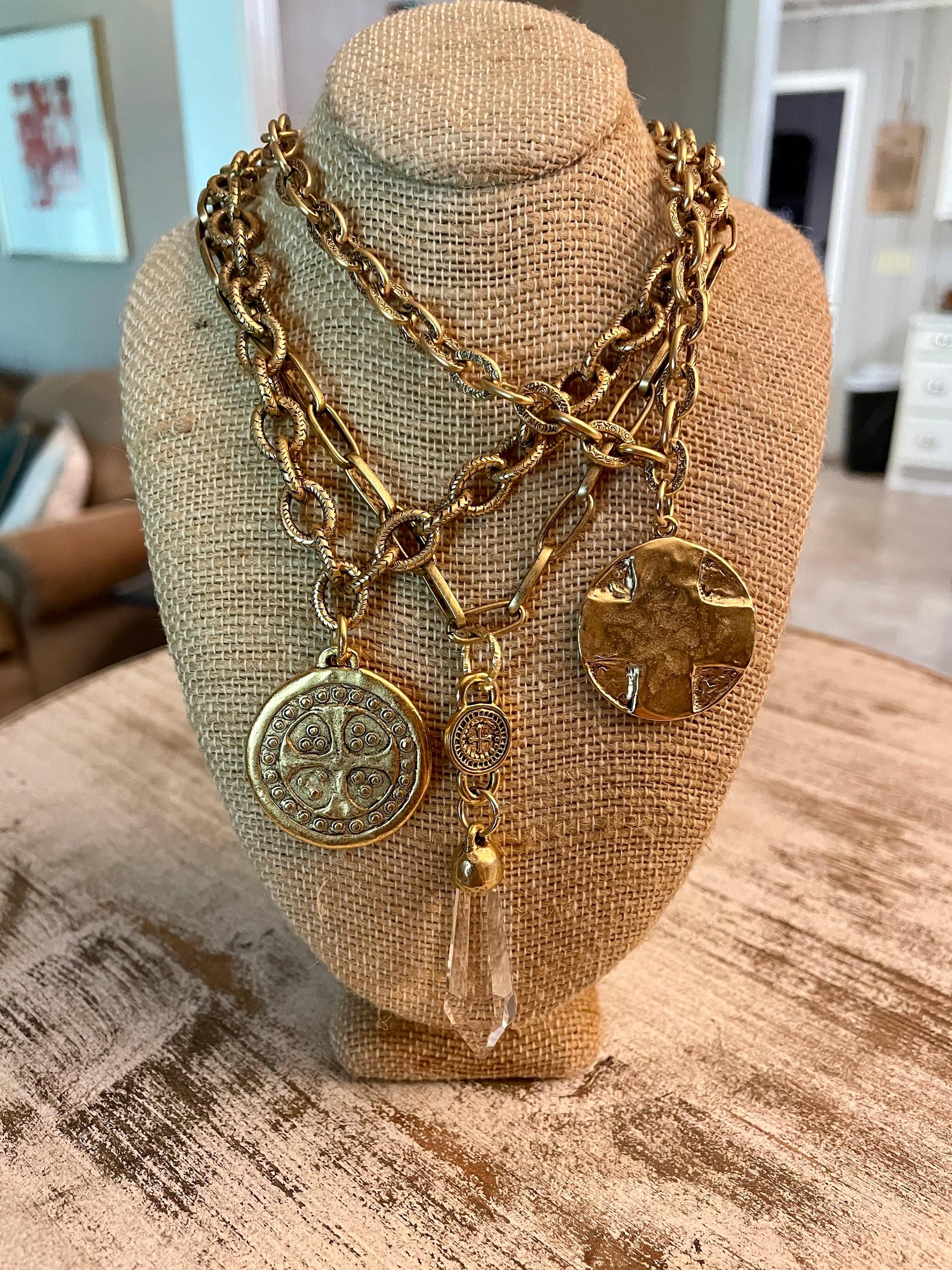 Dotted antiqued gold cross token on etched antiqued gold chain 16 inch - Deep South Originals