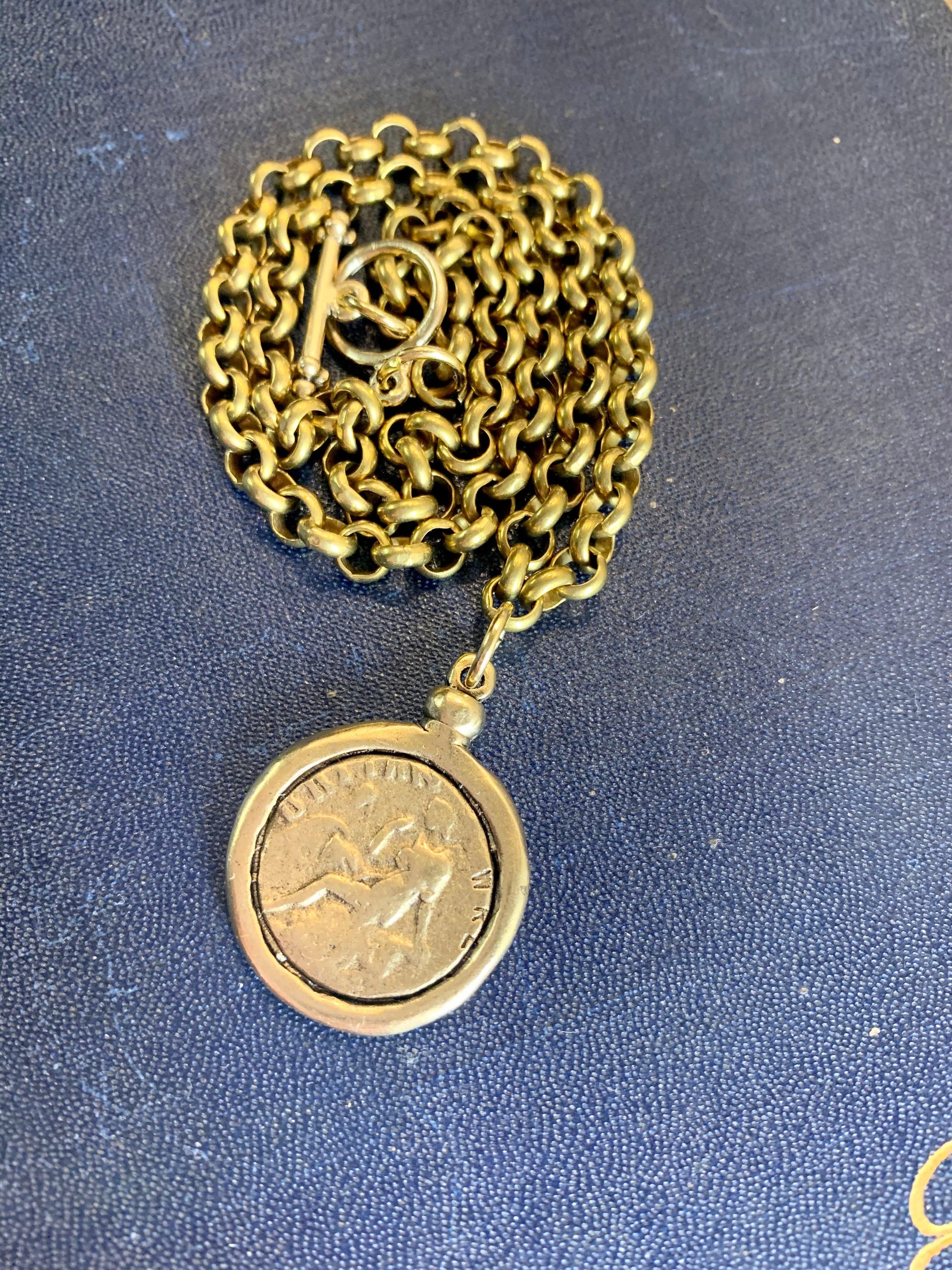 Old World Greek Coin Replica on antique brass roll chain with toggle clasp - Deep South Originals