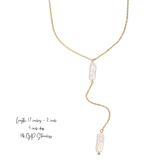 Delicate Drop Pearl Lariat Necklace in 18k gold plated stainless steel with Y-shaped design and pearl drop