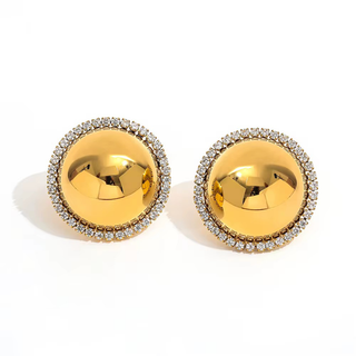 Dome Hoop Earrings in polished gold-tone metal, with rounded dome centers framed by halos of clear sparkling stones