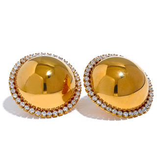 Dome Hoop Earrings in polished gold-tone metal with raised rounded centers and sparkling clear stones lining the edges