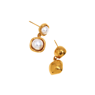 Double Pearl Drop Earrings in gold-tone metal, with polished rounded studs and large white pearl drops in sculpted bezels