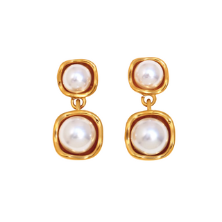 Double Pearl Drop Earrings in gold-tone metal, with two white pearl accents set in rounded square frames