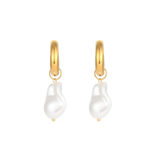Drift Pearl Earrings with gold-tone hoop clasps and glossy white organic faux baroque pearls in an irregular shape