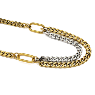 Duet Two Tone Chain Necklace with interwoven gold and silver curb links and elongated oval clasp connectors