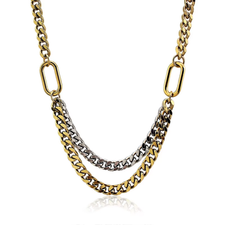 Duet Two Tone Chain Necklace with layered gold and silver stainless steel curb links and elongated oval connectors