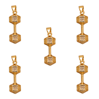 Dumbbell Charm in gold-tone metal with sparkling clear stone accents, featuring a detailed miniature weight design