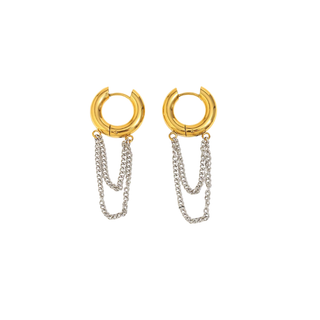 Duo Chain Hoop Earrings with gold circular hoops and layered silver-tone chain drops in a mixed-metal design