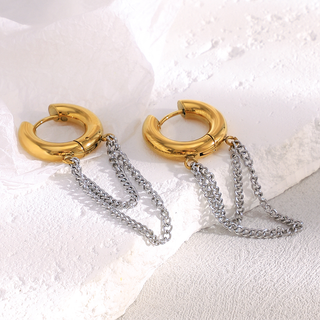 Duo Chain Hoop Earrings with polished gold hoops and dangling silver-tone chain strands in a layered design