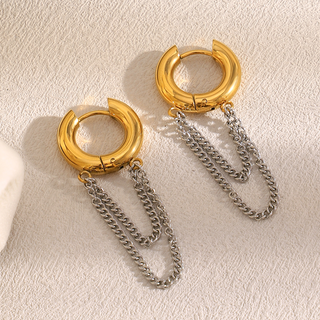 Duo Chain Hoop Earrings with polished gold hoops and multiple draped silver-tone chains for a two-tone look